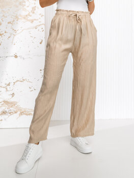 Beżowe materiałowe szerokie spodnie damskie Denley W7970