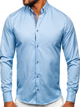 Błękitna koszula męska w paski z długim rękawem Bolf 22730