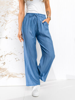 Błękitne materiałowe szerokie spodnie damskie Denley W7970