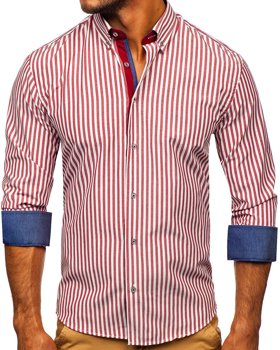 Bordowa koszula męska w paski z długim rękawem Bolf 20704