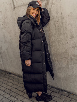 Czarna długa pikowana kurtka płaszcz damska zimowa z kapturem Denley R6702A