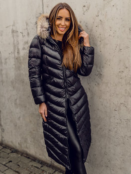 Czarna długa pikowana kurtka płaszcz damska zimowa z naturalnym futrem Denley M699