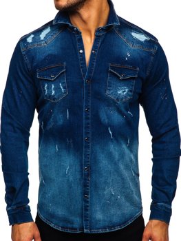 Granatowa koszula męska jeansowa z długim rękawem Denley R802