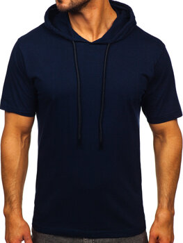 Granatowy bawełniany t-shirt męski bez nadruku z kapturem Bolf 14513