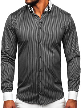 Koszula męska elegancka w paski z długim rękawem czarna Bolf 0909