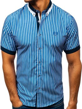 Koszula męska elegancka w paski z krótkim rękawem niebieska Bolf 4501