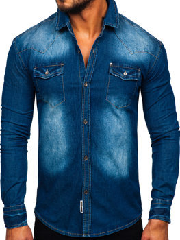 Niebieska koszula męska jeansowa z długim rękawem Denley MC704B