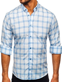 Niebieska koszula męska w kratę z długim rękawem Bolf 22749