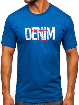 Niebieski bawełniany t-shirt męski z nadrukiem Denley 14746
