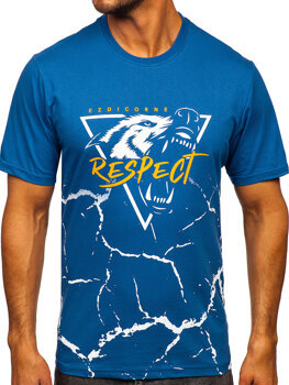 Niebieski bawełniany t-shirt męski z nadrukiem Denley 5035
