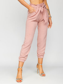 Różowe materiałowe spodnie joggery damskie Denley W5076