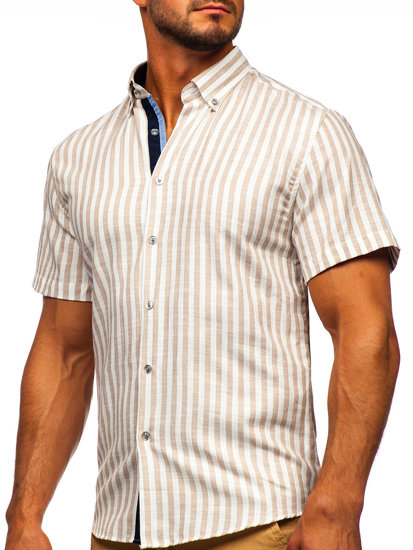 Beżowa koszula męska w paski z krótkim rękawem Bolf 21500