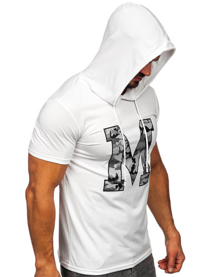 Biały t-shirt męski z nadrukiem z kapturem Denley 8T965
