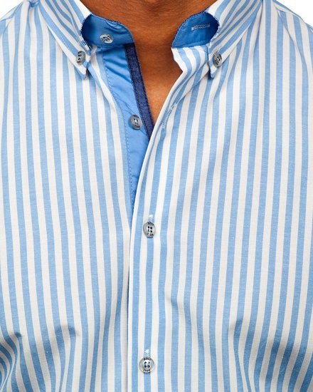 Błękitna koszula męska w paski z długim rękawem Bolf 20704