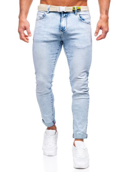 Błękitne spodnie jeansowe męskie slim fit z paskiem Denley KX1198