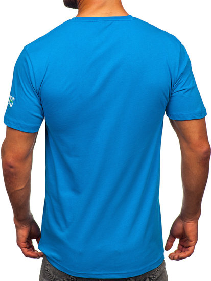 Błękitny bawełniany t-shirt męski z nadrukiem Denley 14746