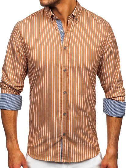 Brązowa koszula męska w paski z długim rękawem Bolf 20731