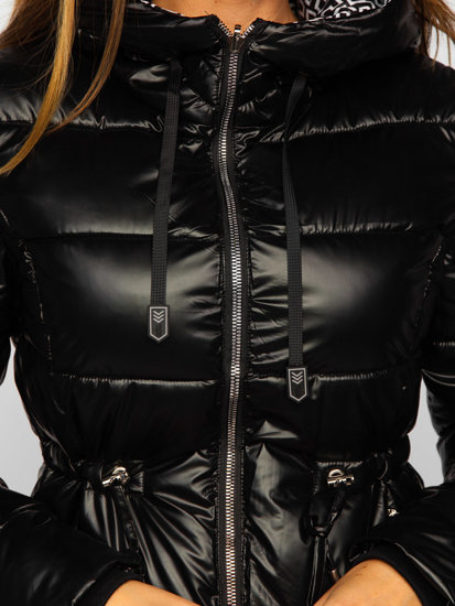 Czarna długa dwustronna pikowana kurtka płaszcz damska zimowa z kapturem Denley B8070