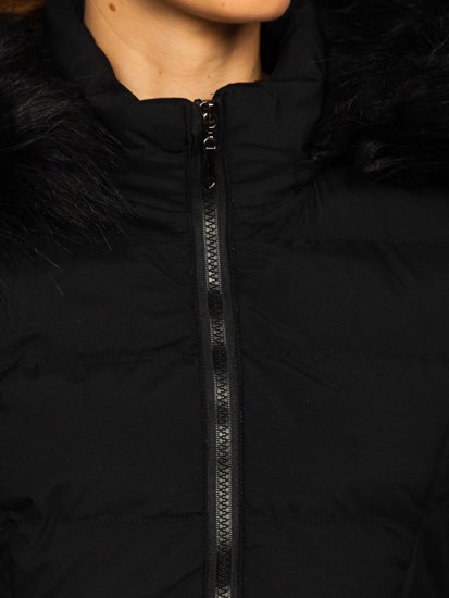 Czarna długa pikowana kurtka damska zimowa z kapturem Denley 16M9061