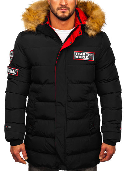 Czarna długa pikowana kurtka męska zimowa Denley 6476