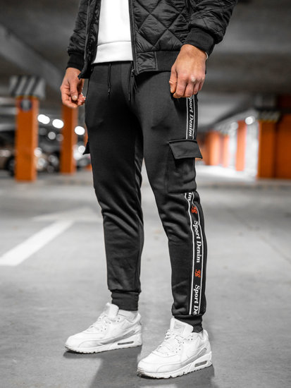Czarne bojówki spodnie męskie joggery dresowe Denley HR209