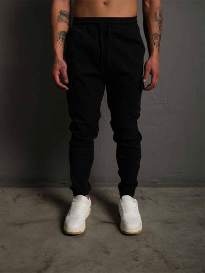 Czarne spodnie materiałowe joggery bojówki męskie Denley 384