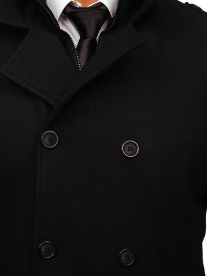 Czarny dwurzędowy płaszcz męski zimowy z odpinaną dodatkową stójką Denley 8805