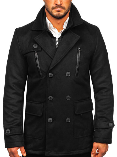 Czarny dwurzędowy płaszcz męski zimowy z odpinaną dodatkową stójką Denley M3143