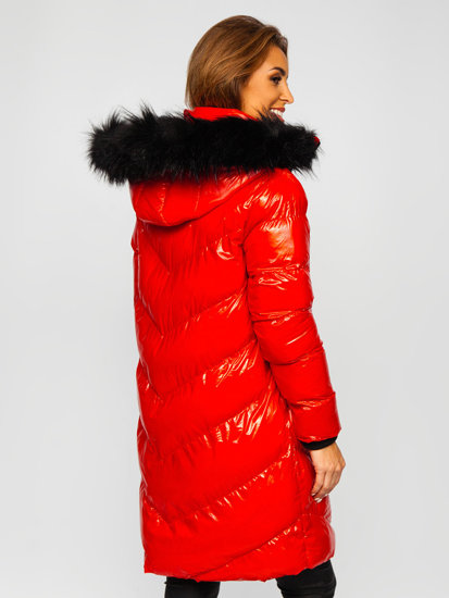 Czerwona pikowana kurtka damska zimowa z kapturem Denley 23069
