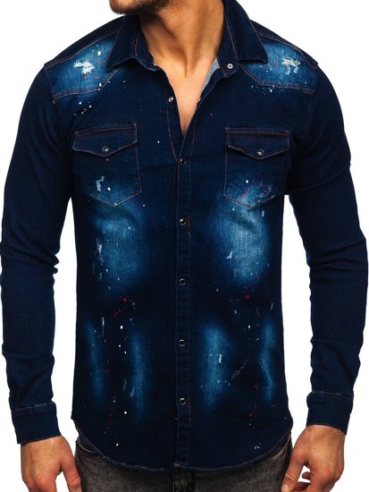 Granatowa koszula męska jeansowa z długim rękawem Denley R703