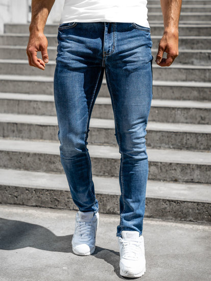 Granatowe jeansowe spodnie męskie skinny fit z paskiem Denley R51030S0