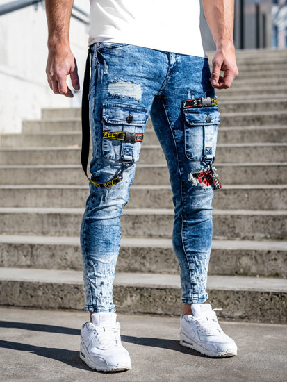 Granatowe spodnie jeansowe bojówki męskie skinny fit Denley E9637B