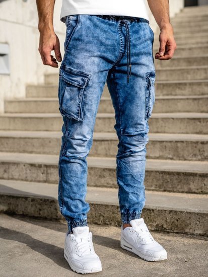 Granatowe spodnie jeansowe joggery bojówki męskie Denley TF050
