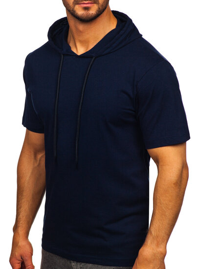Granatowy bawełniany t-shirt męski bez nadruku z kapturem Bolf 14513