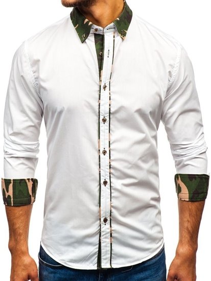 Koszula męska elegancka z długim rękawem moro-biała Bolf 6876