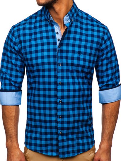 Koszula męska w kratę z długim rękawem niebieska Bolf 4701