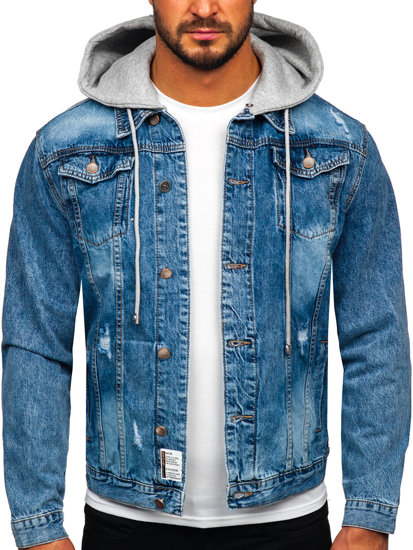 Niebieska kurtka jeansowa męska z kapturem Denley MJ505B
