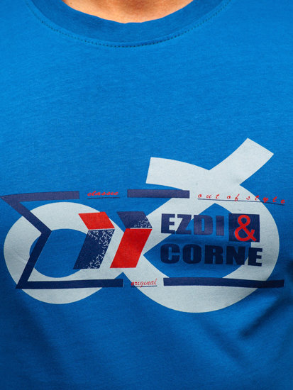 Niebieski bawełniany t-shirt męski z nadrukiem Denley 14736