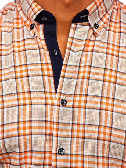 Pomarańczowa koszula męska w kratę z krótkim rękawem Bolf 201501