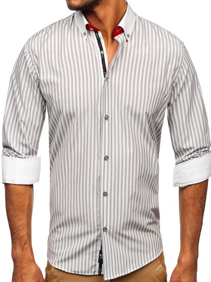 Szara koszula męska w paski z długim rękawem Bolf 20727