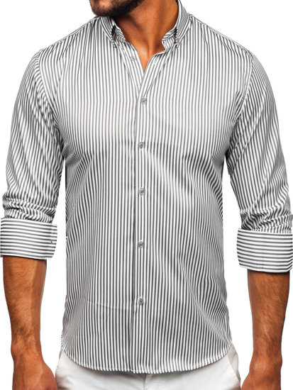 Szara koszula męska w paski z długim rękawem Bolf 22731