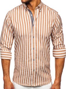Brązowa koszula męska w paski z długim rękawem Bolf 20729