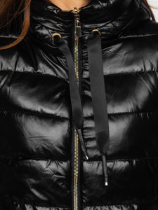 Czarna długa dwustronna pikowana kurtka damska zimowa z kapturem Denley P6630