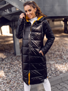 Czarna długa pikowana kurtka damska zimowa z kapturem Denley J9063