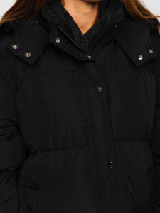Czarna długa pikowana kurtka płaszcz damska zimowa z kapturem Denley R6702