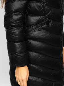 Czarna długa pikowana kurtka płaszcz damska zimowa z naturalnym futrem Denley M688