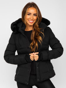 Czarna pikowana kurtka damska zimowa z kapturem Denley 5M770