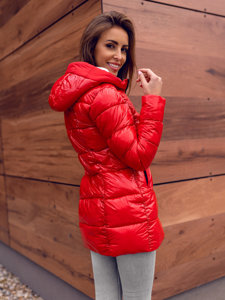 Czerwona pikowana kurtka damska zimowa z kapturem Denley B9545
