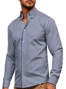 Granatowa koszula męska w paski z długim rękawem Bolf 20726