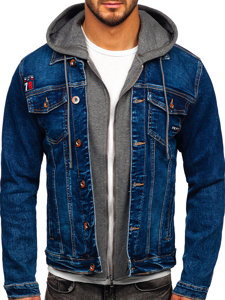 Granatowa kurtka jeansowa męska z kapturem Denley RC85173W1